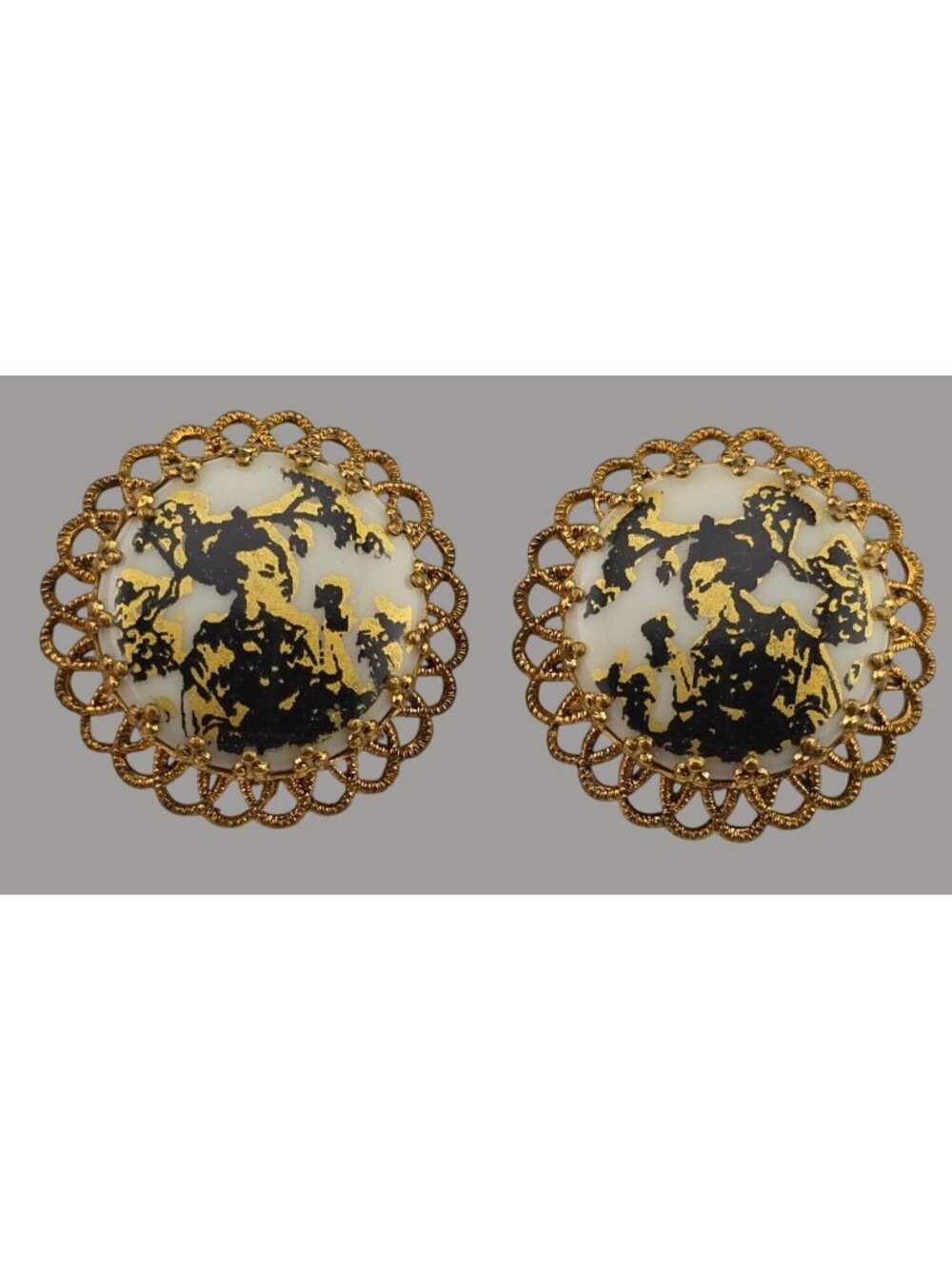 Vintage Black & Gold Lady Filigree Clip-On Earrings West Germany